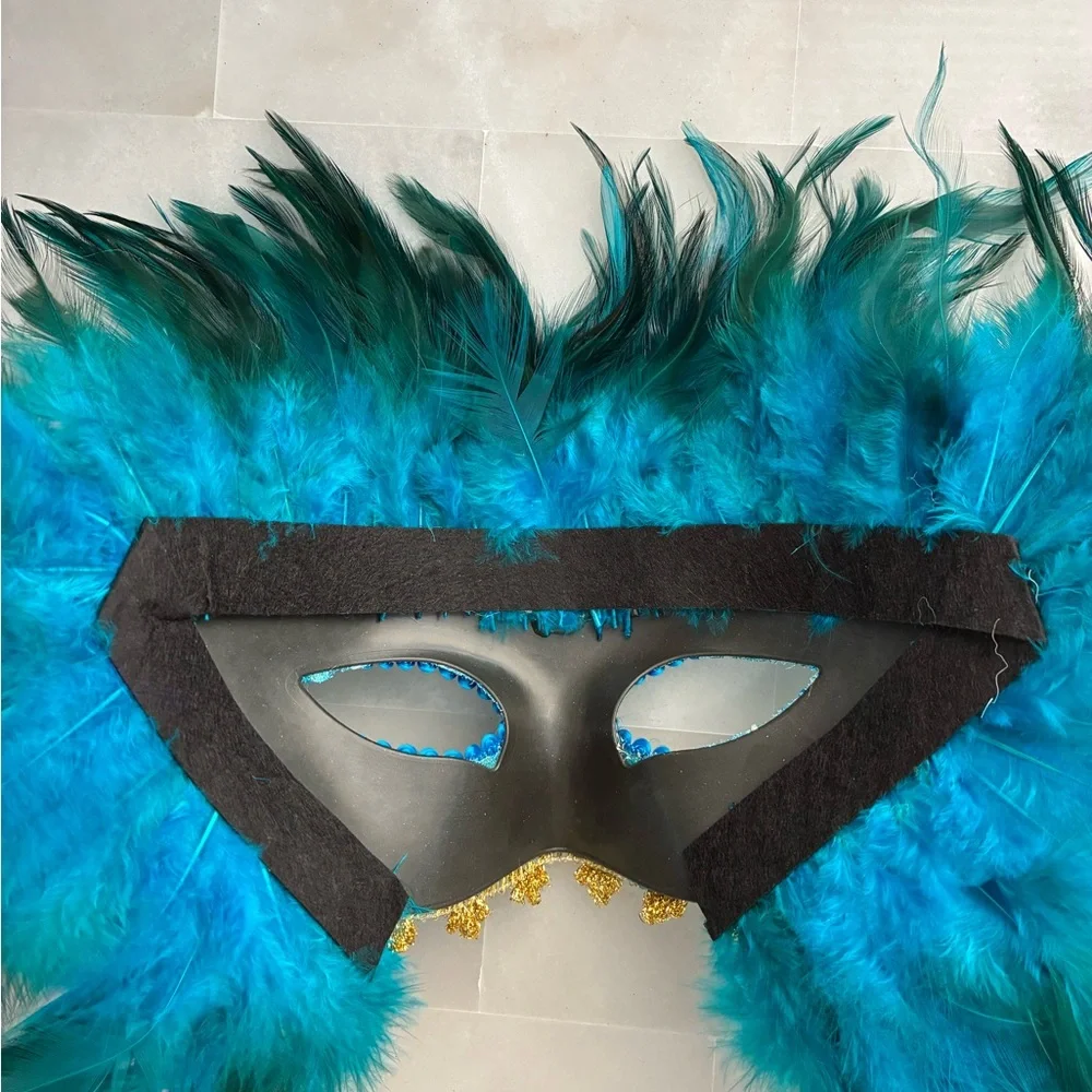 Teal and Gold Feathered Masquerade Mask